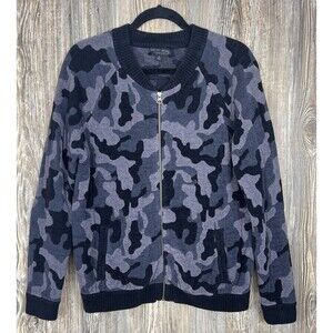 BAREFOOT DREAMS CozyChic Blue Camo Zip-Up Bomber Cardigan Sweater Jacket‎ Med